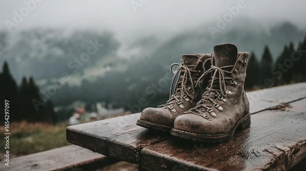 Obraz Hiking boots on mountain table