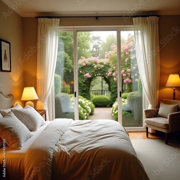 Fototapeta Warm cozy bedroom with open window to garden, morning light streaming in, peaceful and inviting atmosphere