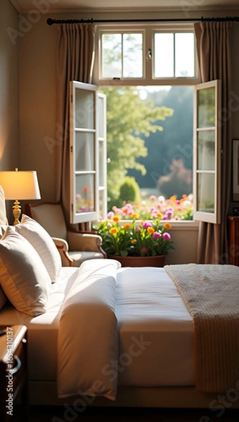 Fototapeta Warm cozy bedroom with open window to garden, morning light streaming in, peaceful and inviting atmosphere