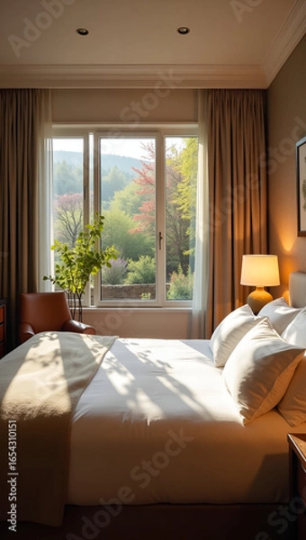 Fototapeta Warm cozy bedroom with open window to garden, morning light streaming in, peaceful and inviting atmosphere
