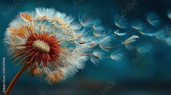 Obraz  Dandelion Seed Dispers Floating in the Air, Symbolizing the Concept of Travel and the Start of New Journeys.