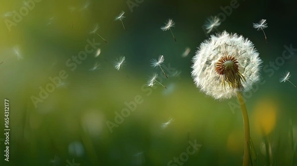 Obraz Dandelion Seed Dispersal in Nature, Symbolizing Journey, Graduation, and the Concept of New Beginnings.