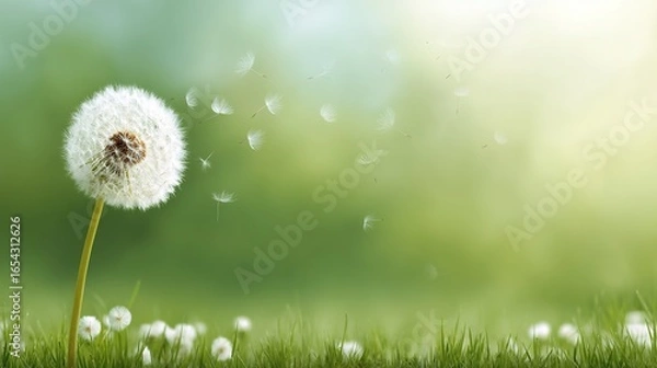 Obraz Dandelion Seed Dispersal in Nature, Symbolizing Journey, Graduation, and the Concept of New Beginnings.