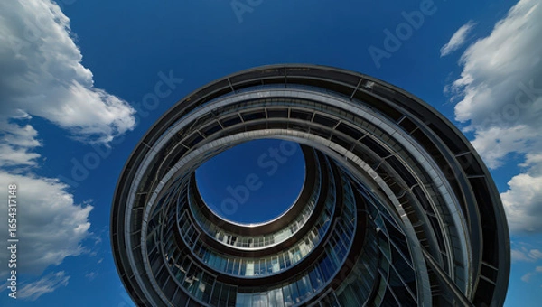 Fototapeta Worm's eye view of a modern circular building against a blue sky with scattered white clouds