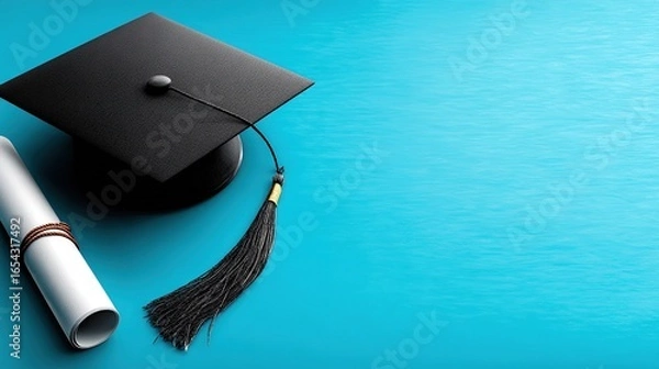Obraz Graduation Cap and Diploma on Blue Background, Symbolizing Academic Achievement and the Concept of Commencement.