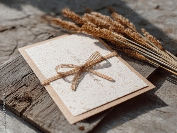 Fototapeta Rustic Wedding Invitation with Bow and Dried Grass on Wooden Surface