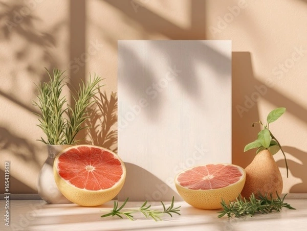 Fototapeta Summer Paper Mockup with Grapefruit and Pink Shadows