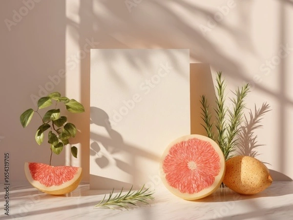 Fototapeta Summer Stationery Mockup with Grapefruit and Herbs