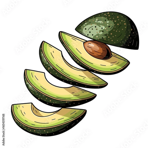 Fototapeta Detailed illustration of a fresh green avocado, sliced into multiple pieces, revealing its pit.
