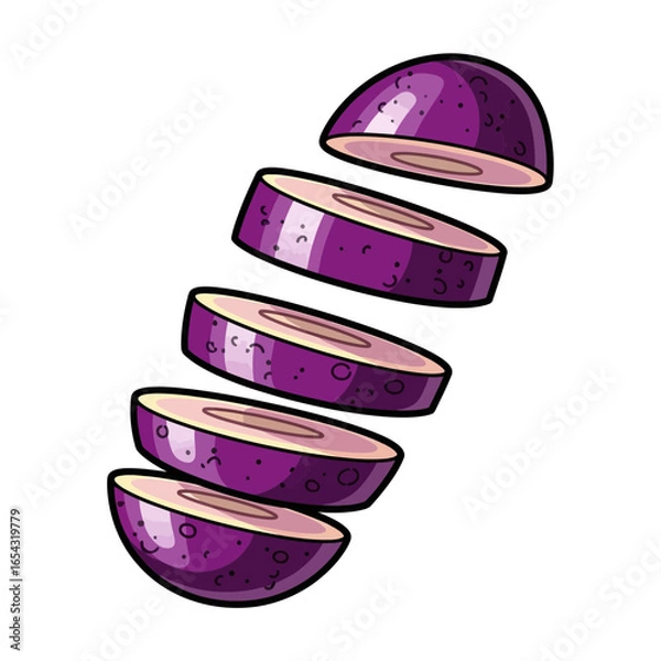 Fototapeta A bright red apple artfully sliced into several pieces, floating in the air against a white background.