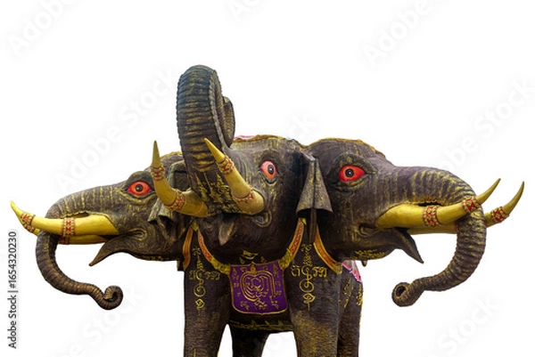 Fototapeta "Erawan Elephant" a three-headed elephant statue with red eyes, Isolated on transparent background
