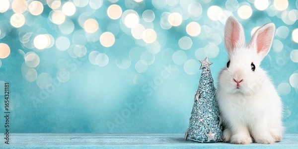 Fototapeta White rabbit sitting beside a glittering blue Christmas tree on a wooden surface, with a soft bokeh background creating a festive and cheerful atmosphere
