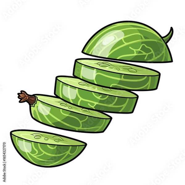 Fototapeta A cartoon illustration of a green, sliced cucumber or gooseberry with distinct vein patterns on a white background.
