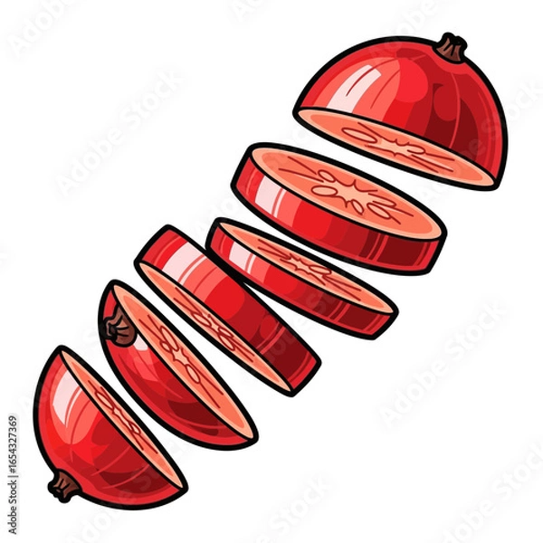 Fototapeta A vibrant illustration of a red fruit sliced into multiple rounds, showcasing its fresh texture and juicy interior.