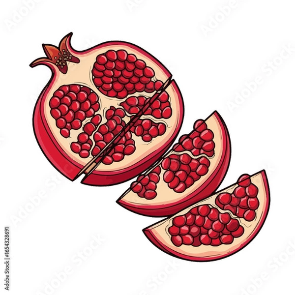 Fototapeta A detailed illustration of a sliced pomegranate, showcasing its vibrant red arils and juicy texture.
