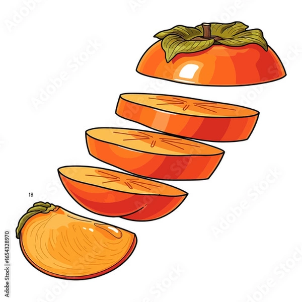 Fototapeta A persimmon fruit, sliced and levitating, in a vibrant illustration.