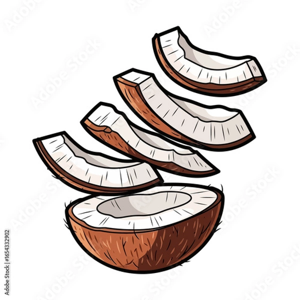 Fototapeta Illustration of a halved coconut with several slices floating above it.