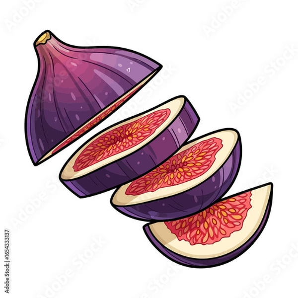 Fototapeta A detailed illustration of a sliced purple fig, showcasing its inner texture and vibrant colors.