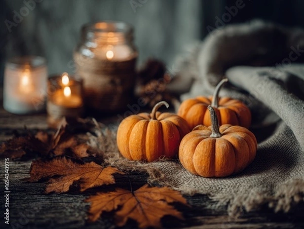Fototapeta Rustic fall still life with mini pumpkins and candles