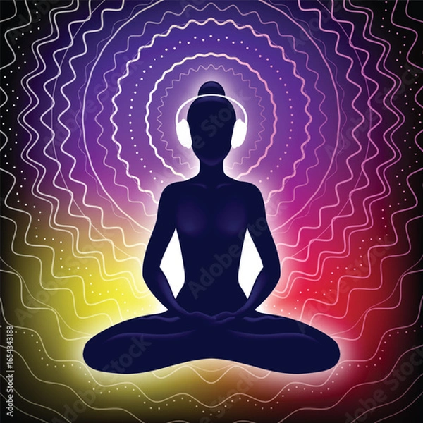 Obraz Sound therapy concept. Woman meditates in lotus pose, listening to relaxing music in headphones. Sound wave and good vibes around human figure. Sound bath and sound healing illustration.