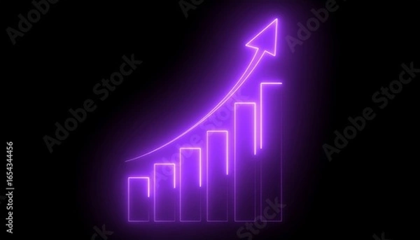 Fototapeta Futuristic 3D purple neon glowing bar chart with upward arrow for digital financial data visualization