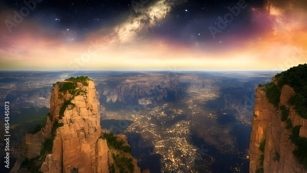 Obraz Golden sunbeams illuminate the mountain peaks at dawn, casting a vibrant orange glow across the dramatic canyon landscape