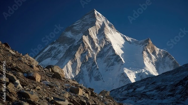 Fototapeta Snow Capped Mountain Peak Against Deep Blue Sky