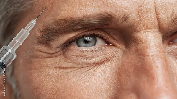 Fototapeta Close up of syringe needle near eye of older person with visible wrinkles and blue eye, showing detailed view of skin texture and facial expression during cosmetic procedure