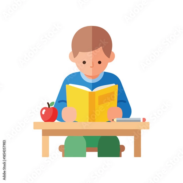 Obraz a child who is studying. smart child who is reading a book. flat design of a person who is studying. design 3