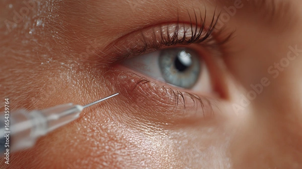 Fototapeta Close up of syringe needle near eye skin for cosmetic injection treatment with smooth skin and blue eye