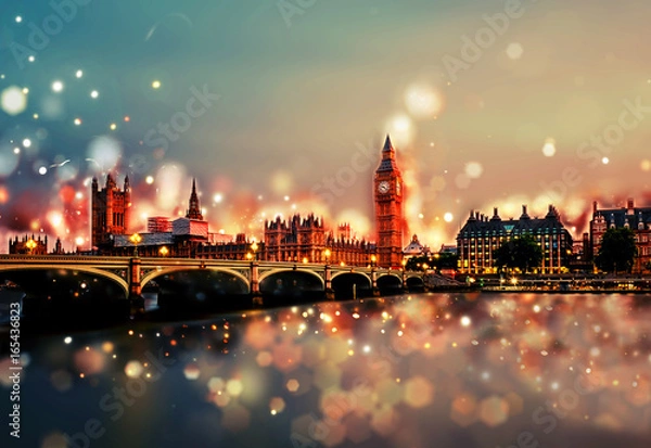 Fototapeta City of London nocą - Tower Bridge, Big Ben, zachód słońca - bokeh, flary obiektywu, rozmycie kamery