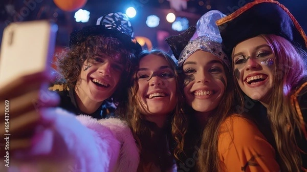 Obraz Four friends in costumes taking a selfie at a halloween party with festive lights and decorations visible