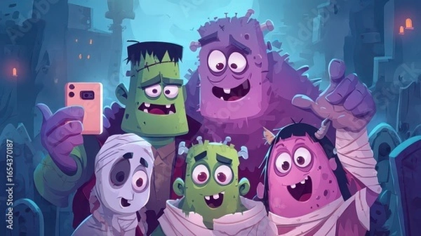 Obraz Group of cartoon monsters taking a selfie in a graveyard at night with a smartphone device in hand