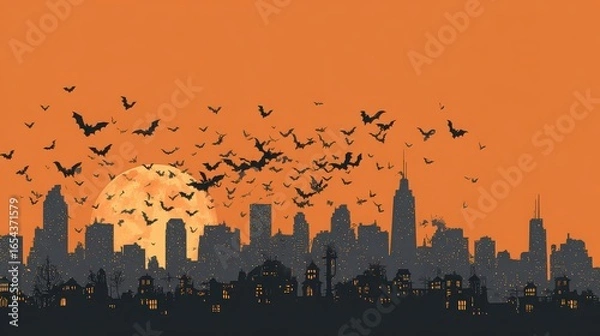 Obraz A spooky halloween cityscape with bats flying in front of a full moon and orange sky background