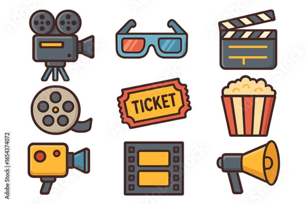 Obraz Cinema and movie icon set. Film production and entertainment equipment collection. Vector cartoon illustration of a camera, 3D glasses, ticket, popcorn, clapperboard, film reel.