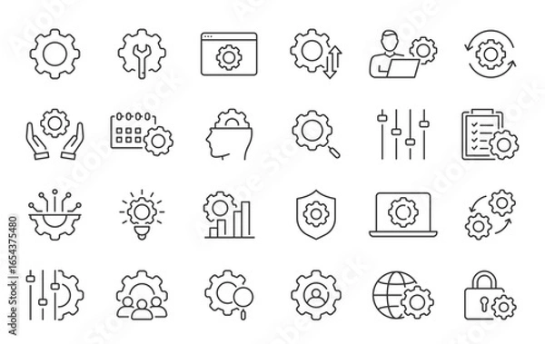 Obraz Setup and Settings web icons in line style. Options, download, update, configuration, gears, optimization, collection. Vector illustration.