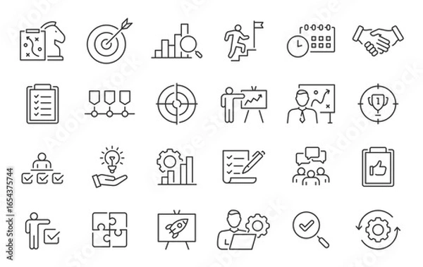 Obraz Action plan web icon set in line style. Schedule, plan, implementation, strategy, analysis, collaboration, check, collection. Vector illustration.