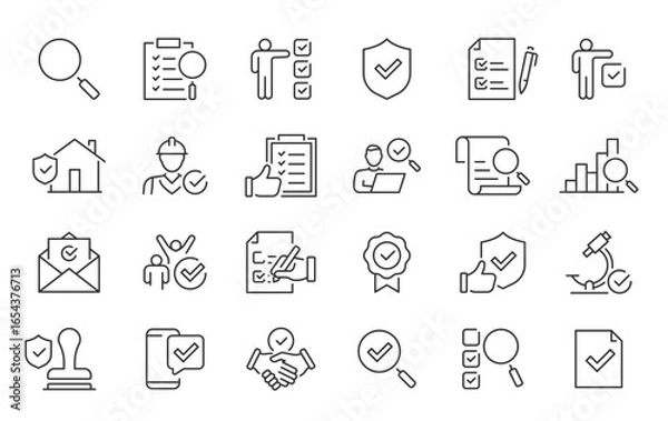 Obraz Inspection web icons in line style. Examination, testing, quality control, check, inspect, collection. Vector illustration.