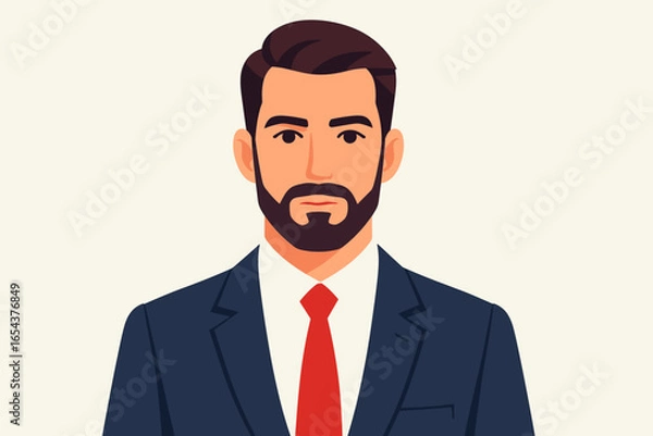 Fototapeta Portrait of a confident handsome bearded man in a suit. Businessman, office worker, or manager character avatar. Professional male face vector. Flat cartoon illustration.