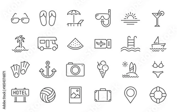 Fototapeta Summer icons. Vacation and beach web icons in line style. Travel, holiday, tourism, hotel, passport, maps, landscape, camera. Icon collection. Vector illustration.