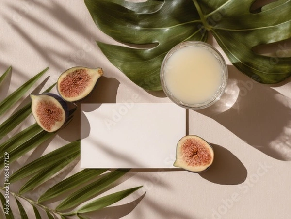 Fototapeta Tropical Summer Mockup with Fig, Juice and Blank Card