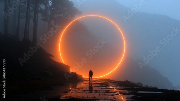 Fototapeta Fiery ring glowing with intense flames on dark background, dynamic energy, dramatic visual, perfect for concepts of power, fire, energy, magic, and action visuals.