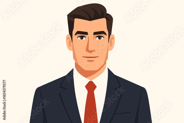 Fototapeta Portrait of a confident young businessman in a suit. Vector illustration of a sharp-dressed professional man. Face and upper body headshot for business concepts. Flat design cartoon avatar.