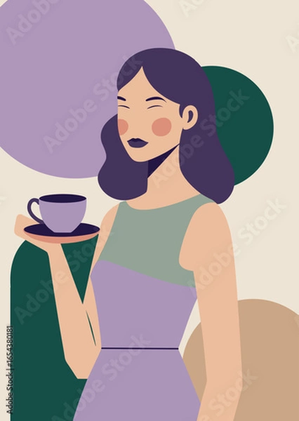 Fototapeta Minimalist illustration of an Asian woman holding a cup and saucer, designed with clean geometric shapes and flat modern style.