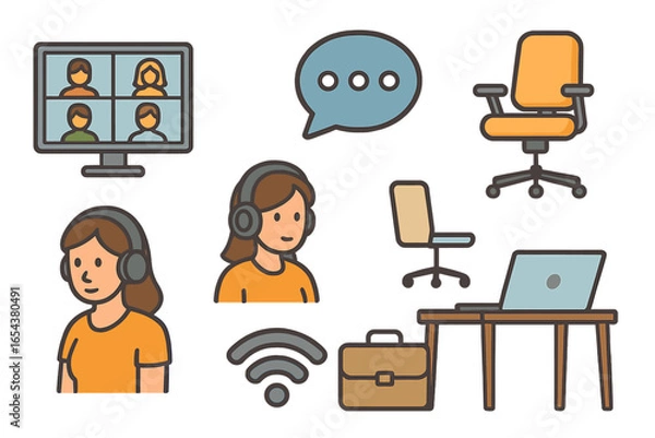 Fototapeta Remote work icon set. Home office concept. Virtual meeting and video conference technology. Online communication, webinar, telecommuting symbols. Freelancer, workspace elements.