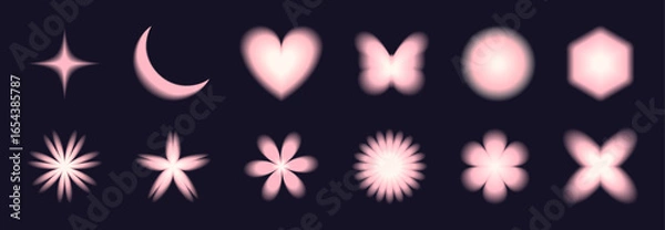 Obraz Set of y2k aura gradient shapes. Star, moon, heart, butterfly, flower symbols on dark background. Neon pink glow abstract icons with blurry effect. 