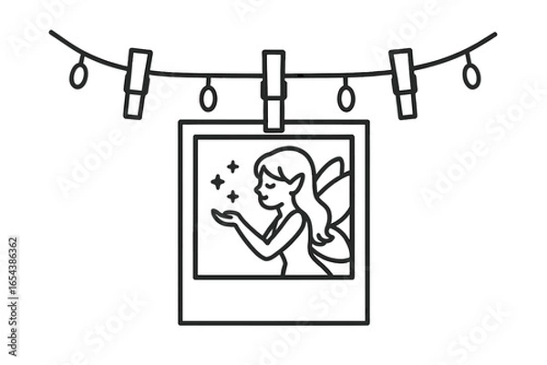 Fototapeta Outline vector icon of a hanging polaroid photo with a fairy. Picture on a string with clothespins and lights. Concept for magic, fantasy, memories, scrapbooking, and decor.
