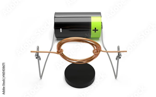 Obraz Simple electric motor experiment with cell and magnet front view.