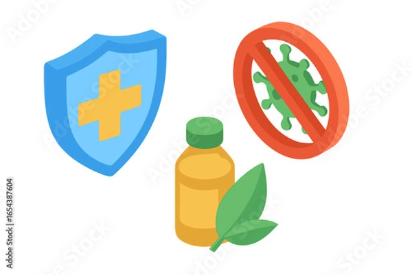 Fototapeta Immunity support icons set. Isometric vector illustration of vitamins supplement bottle, shield with medical cross, anti-germ sign, herbal extract, virus protection concept. Healthcare prevention.