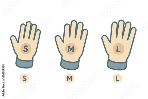 Fototapeta Isometric glove icons set. Handwear sizing chart for gloves. Small, medium, large hands. Isolated vector illustration for fit options, accessories, safety gear, workwear, personal protection, fashion.